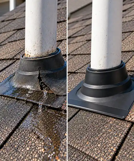 Before and after pipe boot leak repair on an asphalt shingle roof in Memorial, Houston, TX