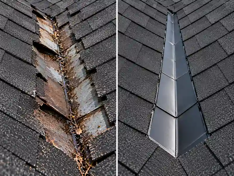 Roof valley repair before and after in Katy